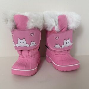 Kids Pink Cat Snow Boots with Faux Fur Trim